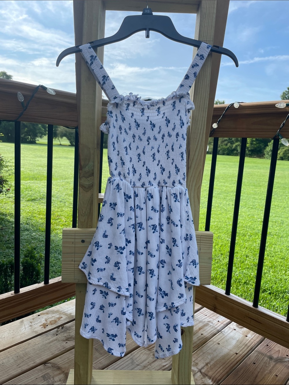 Smocked White Mini Dress with Blue Floral Print